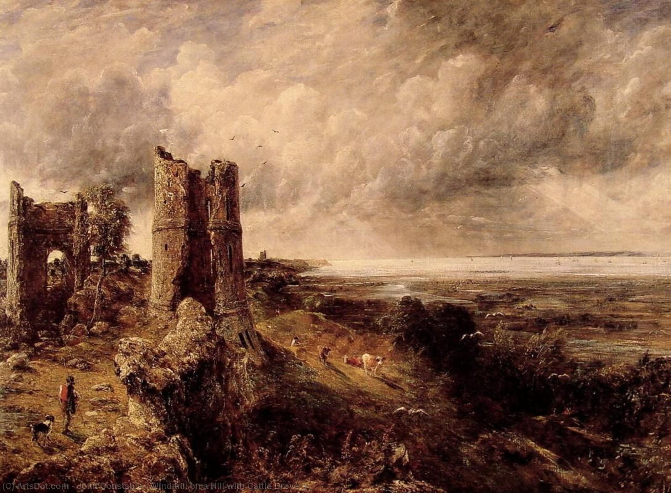 WikiOO.org - Enciclopédia das Belas Artes - Pintura, Arte por John Constable - Windmill on a Hill with Cattle Drovers