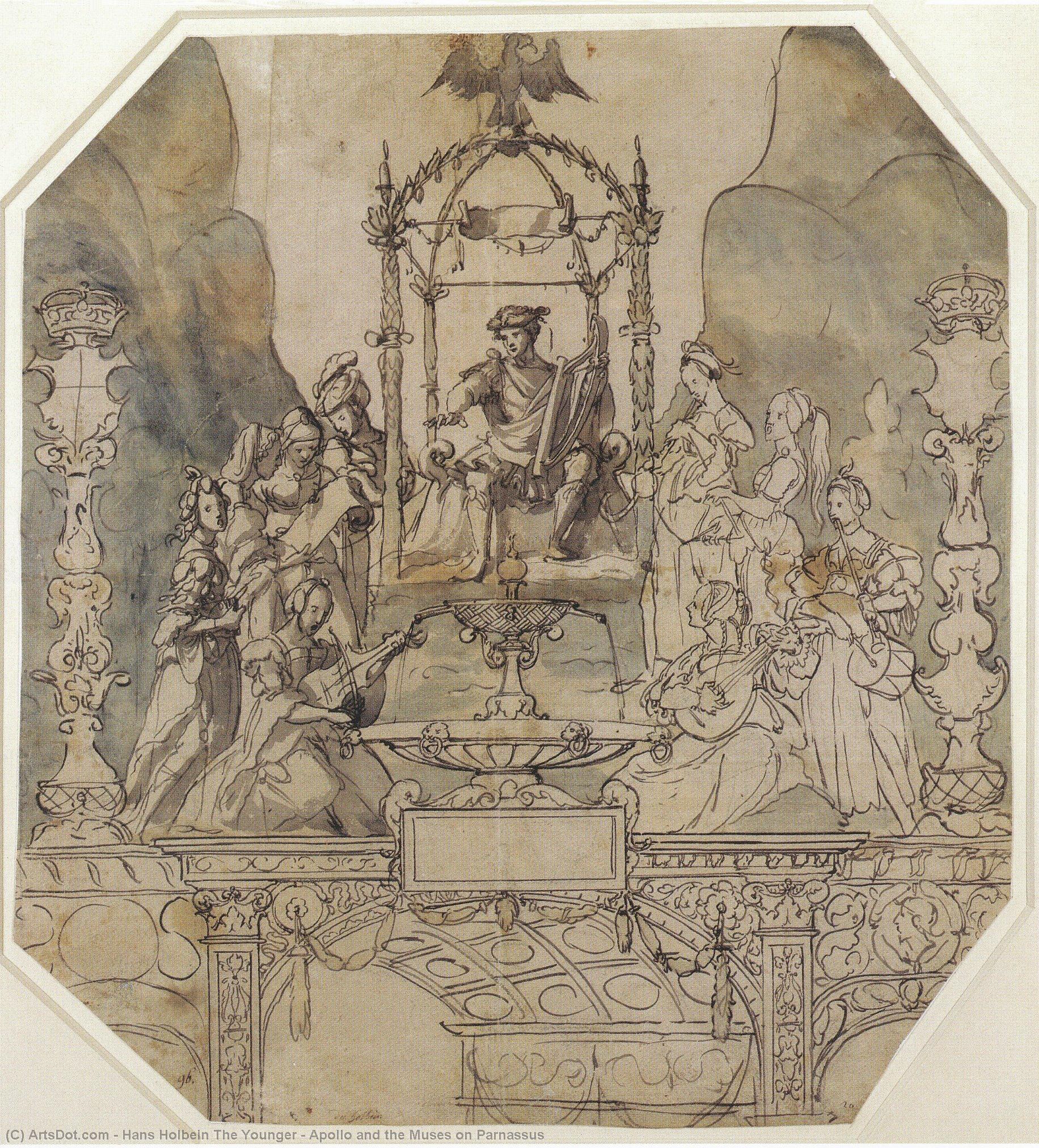 Wikioo.org – La Enciclopedia de las Bellas Artes - Pintura, Obras de arte de Hans Holbein The Younger - Apolo y las Musas en el Parnaso