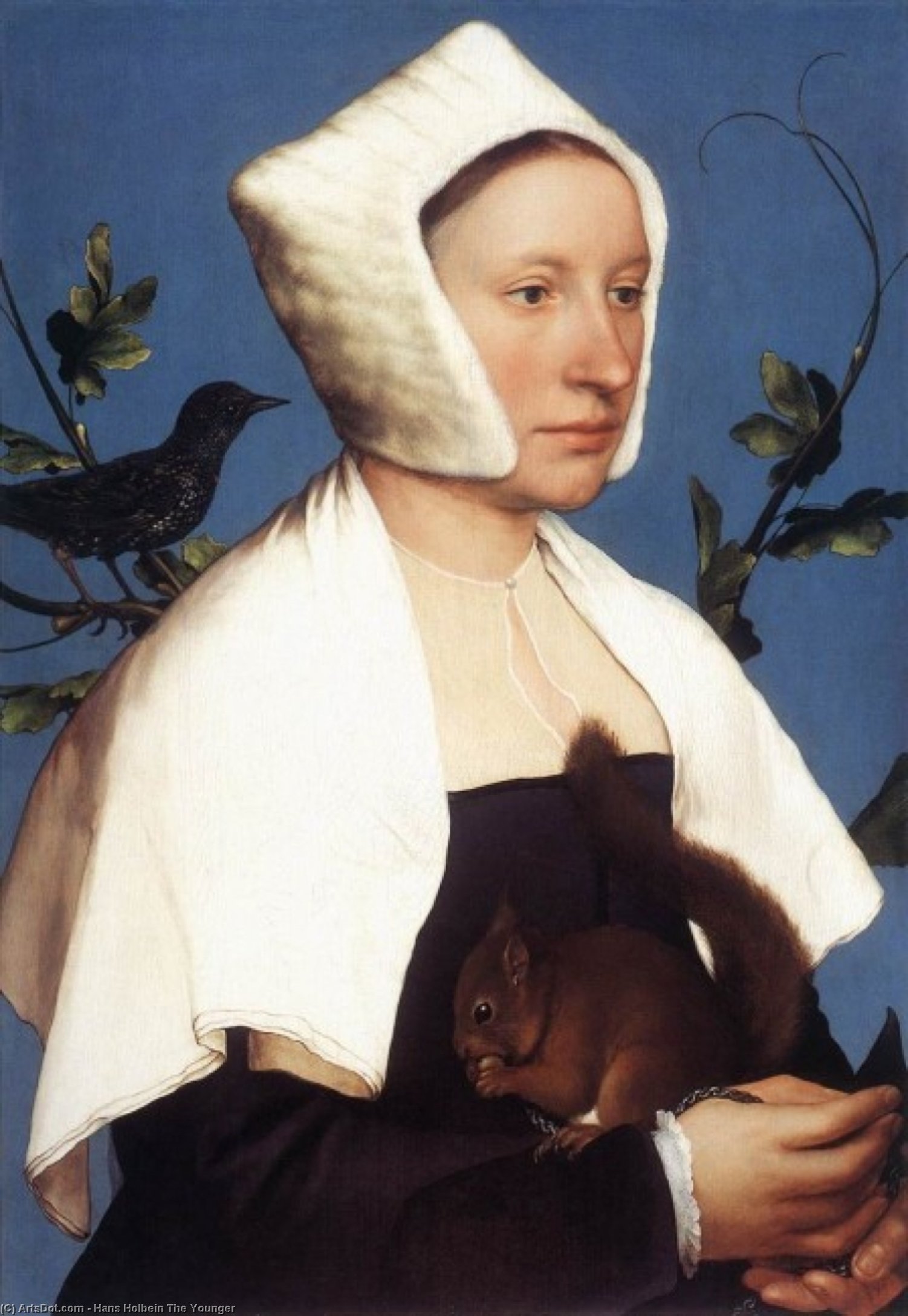 Wikioo.org - The Encyclopedia of Fine Arts - Painting, Artwork by Hans Holbein The Younger - Portrait of a Lady with a Squirrel and a Starling