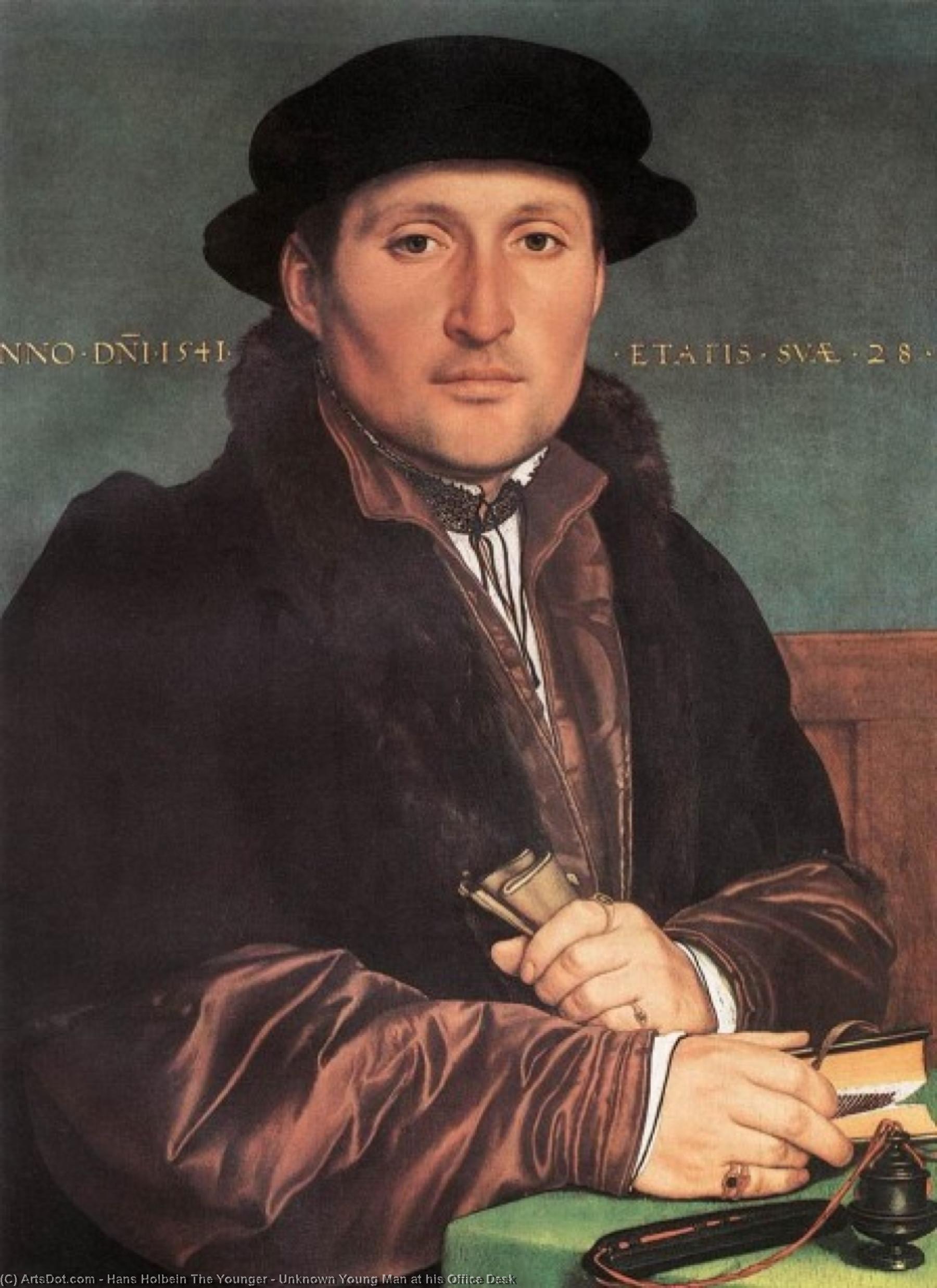 Wikioo.org – La Enciclopedia de las Bellas Artes - Pintura, Obras de arte de Hans Holbein The Younger - joven desconocido en su escritorio de oficina