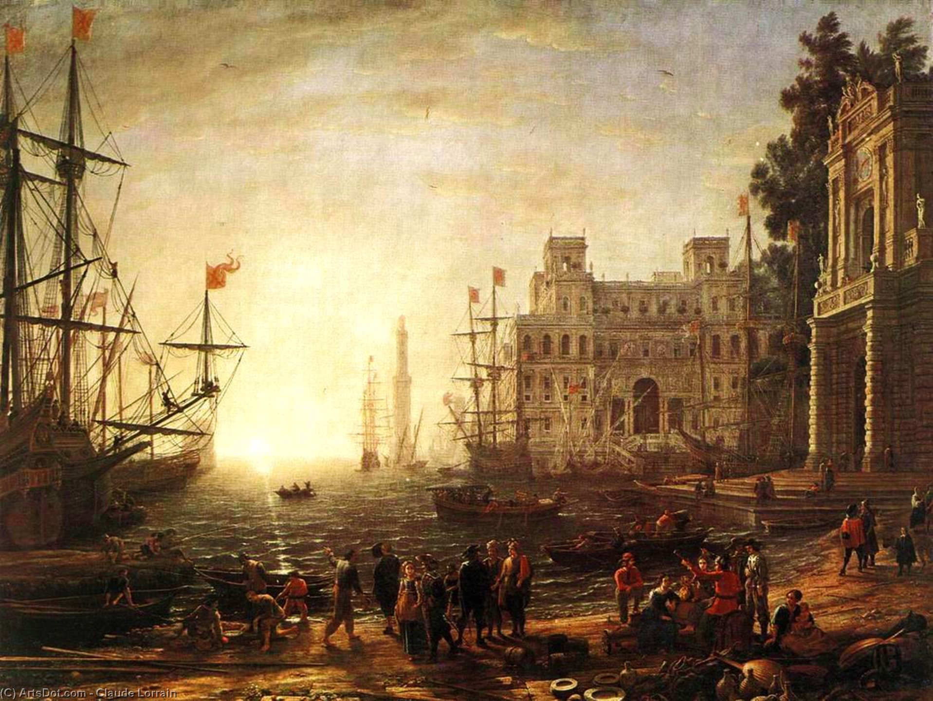 Wikioo.org - The Encyclopedia of Fine Arts - Painting, Artwork by Claude Lorrain (Claude Gellée) - Port Scene with the Villa Medici