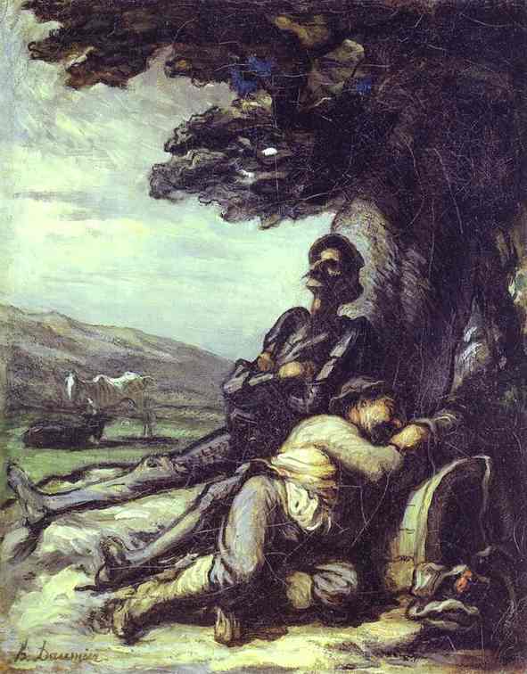 Wikioo.org – La Enciclopedia de las Bellas Artes - Pintura, Obras de arte de Honoré Daumier - don quijote y sancho pansa tener un descanso bajo un árbol