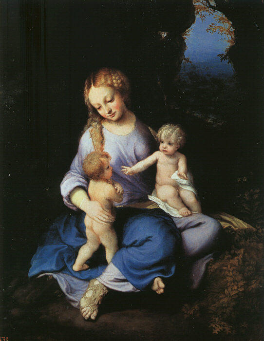 Wikioo.org - The Encyclopedia of Fine Arts - Painting, Artwork by Antonio Allegri Da Correggio - Madonna and Child with the Young Saint John