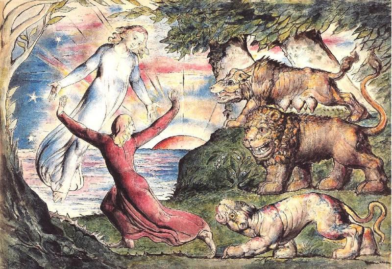 WikiOO.org - Enciclopédia das Belas Artes - Pintura, Arte por William Blake - Inferno, Canto I, 1-90 Dante running from three beasts is rescued by Virgil