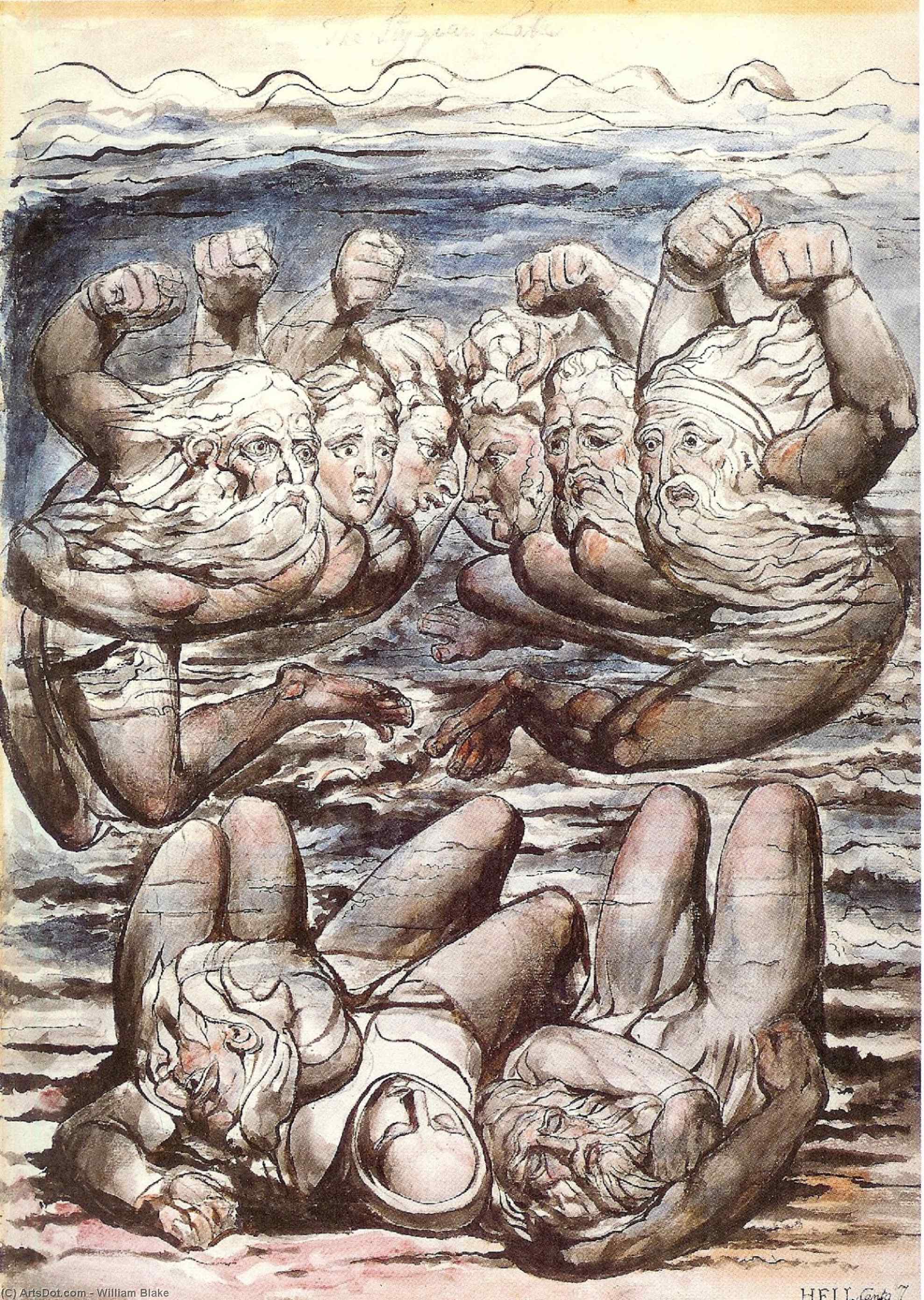 Wikioo.org – La Enciclopedia de las Bellas Artes - Pintura, Obras de arte de William Blake - Infierno , canto vii , 110-127 , el lago estigia con los pecadores enojados luchando
