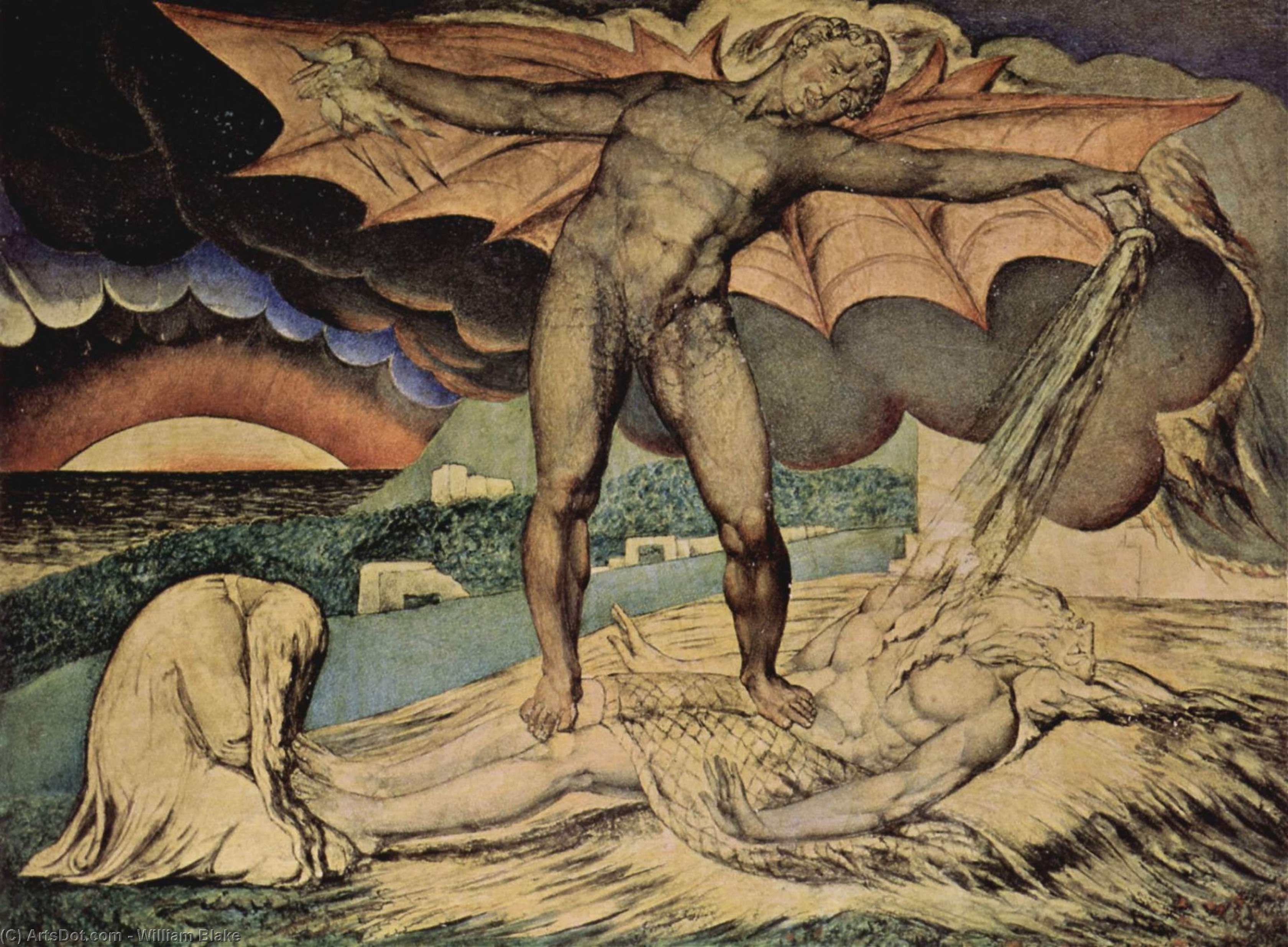 WikiOO.org - Encyclopedia of Fine Arts - Maľba, Artwork William Blake - Satan schüttet die Plagen über Hiob aus