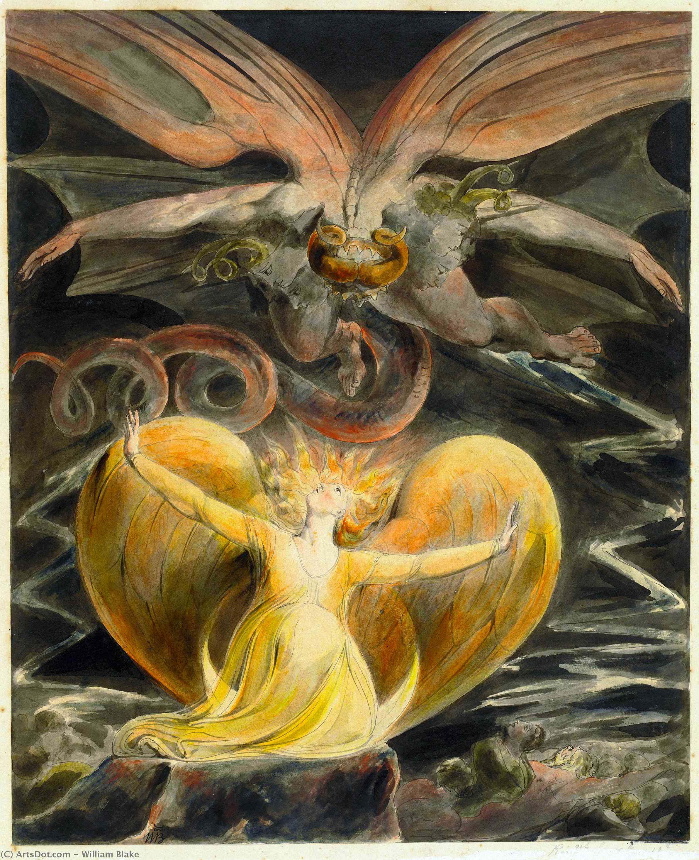 Wikoo.org - موسوعة الفنون الجميلة - اللوحة، العمل الفني William Blake - The Great Red Dragon and the Woman Clothed with Sun