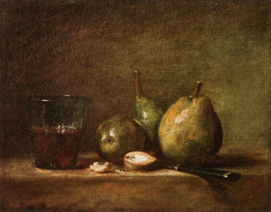 Wikioo.org – L'Encyclopédie des Beaux Arts - Peinture, Oeuvre de Jean-Baptiste Simeon Chardin - poires Noix  et  Verre  de  du vin