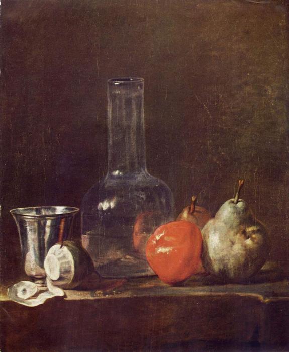 Wikoo.org - موسوعة الفنون الجميلة - اللوحة، العمل الفني Jean-Baptiste Simeon Chardin - Still Life with Glass Flask and Fruit