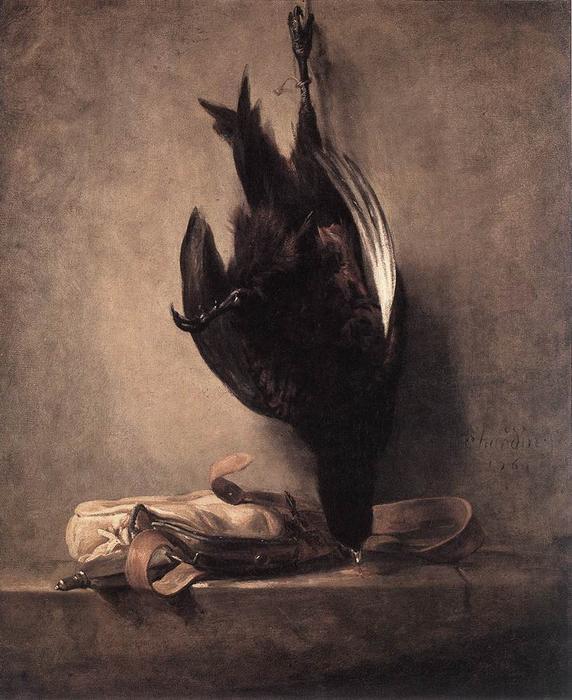 Wikioo.org - The Encyclopedia of Fine Arts - Painting, Artwork by Jean-Baptiste Simeon Chardin - Still-Life with Dead Pheasant and Hunting Bag