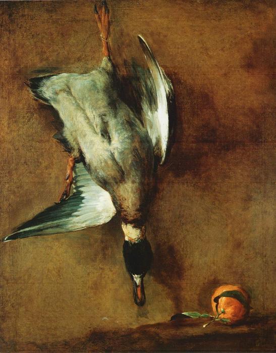 WikiOO.org - دایره المعارف هنرهای زیبا - نقاشی، آثار هنری Jean-Baptiste Simeon Chardin - Un canard col-vert attaché à la muraille et une bigarade
