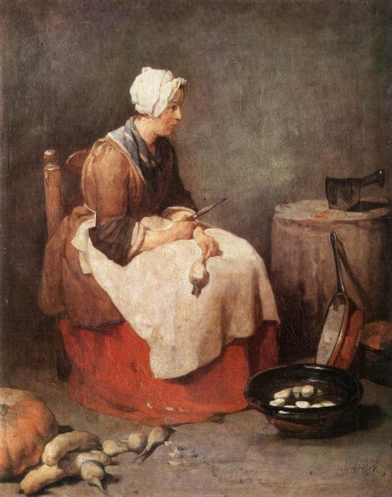 Wikioo.org - The Encyclopedia of Fine Arts - Painting, Artwork by Jean-Baptiste Simeon Chardin - Woman Cleaning Turnips