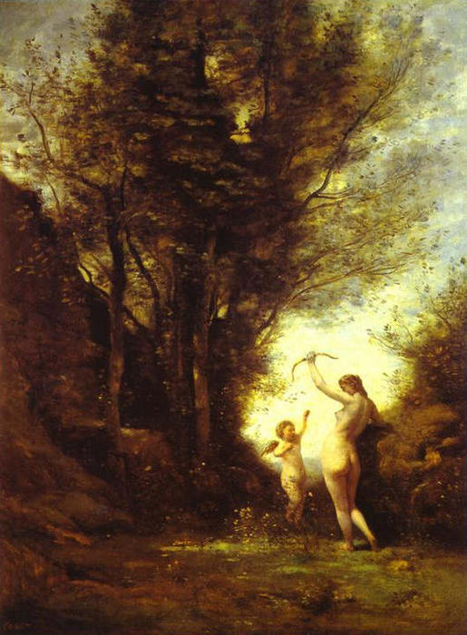 Wikioo.org - The Encyclopedia of Fine Arts - Painting, Artwork by Jean Baptiste Camille Corot - A Nymph Playing with Cupid