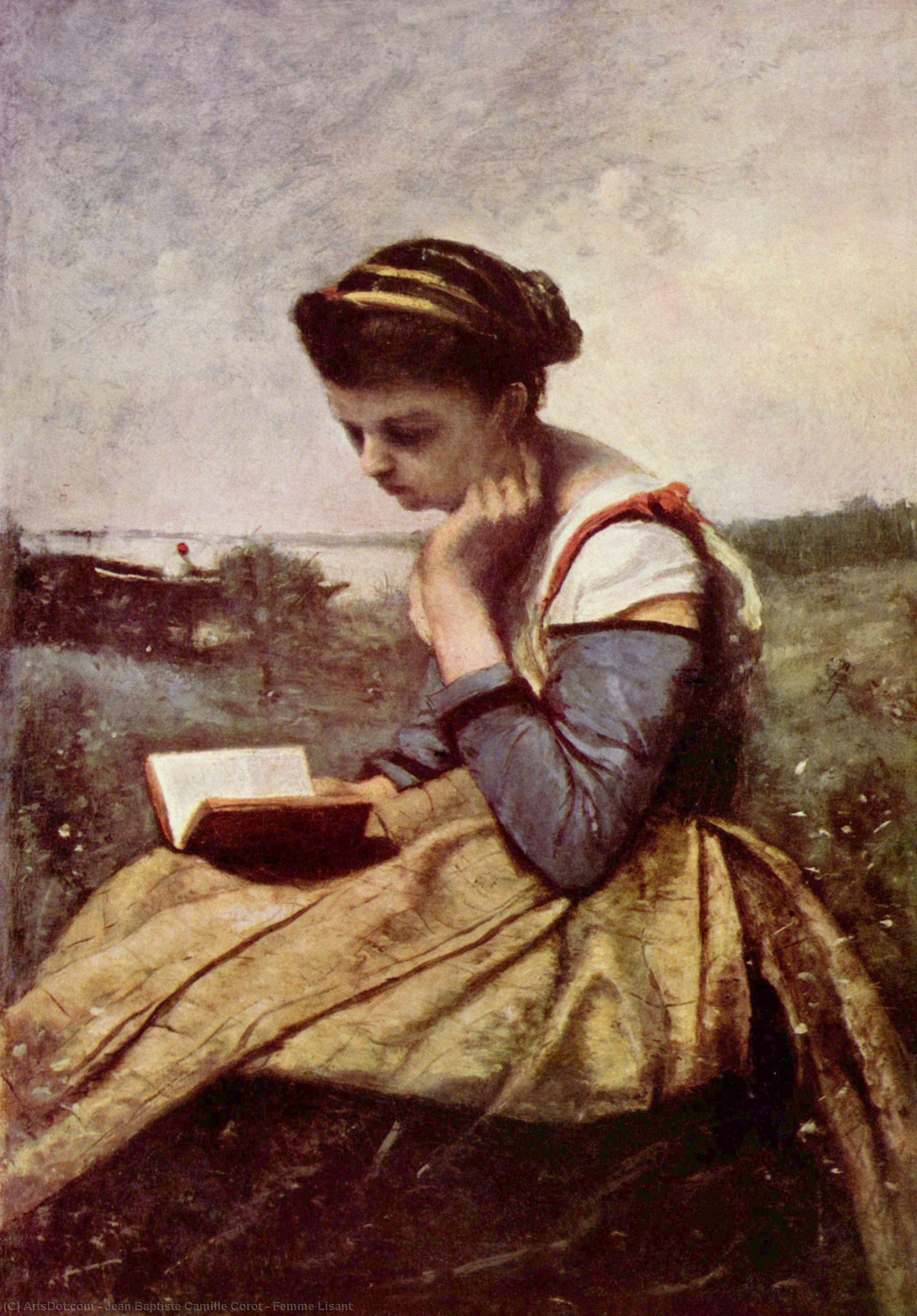 Wikoo.org - موسوعة الفنون الجميلة - اللوحة، العمل الفني Jean Baptiste Camille Corot - Femme Lisant