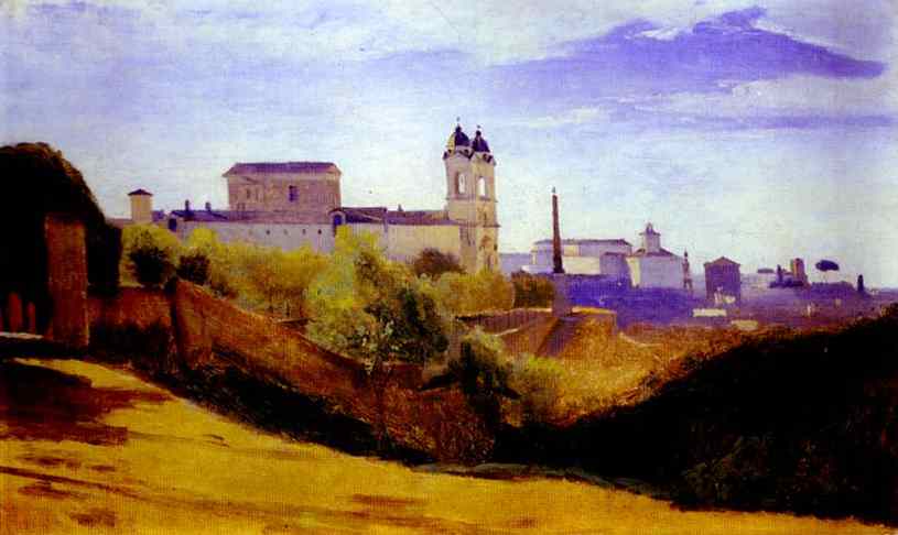 Wikioo.org - The Encyclopedia of Fine Arts - Painting, Artwork by Jean Baptiste Camille Corot - The Church of Trinità dei Monti Seen from the Valley of Trinità dei Monti