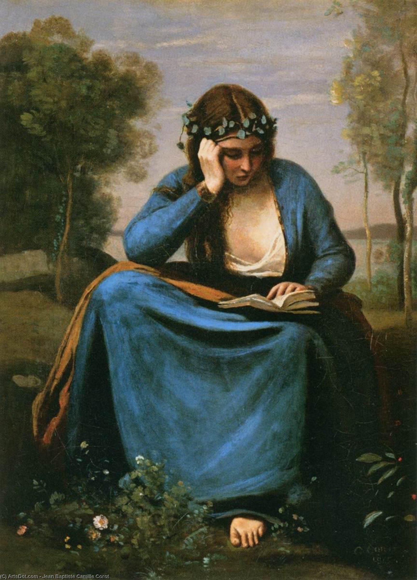 Wikioo.org - The Encyclopedia of Fine Arts - Painting, Artwork by Jean Baptiste Camille Corot - The Reader Wreathed with Flowers (Virgil's Muse)