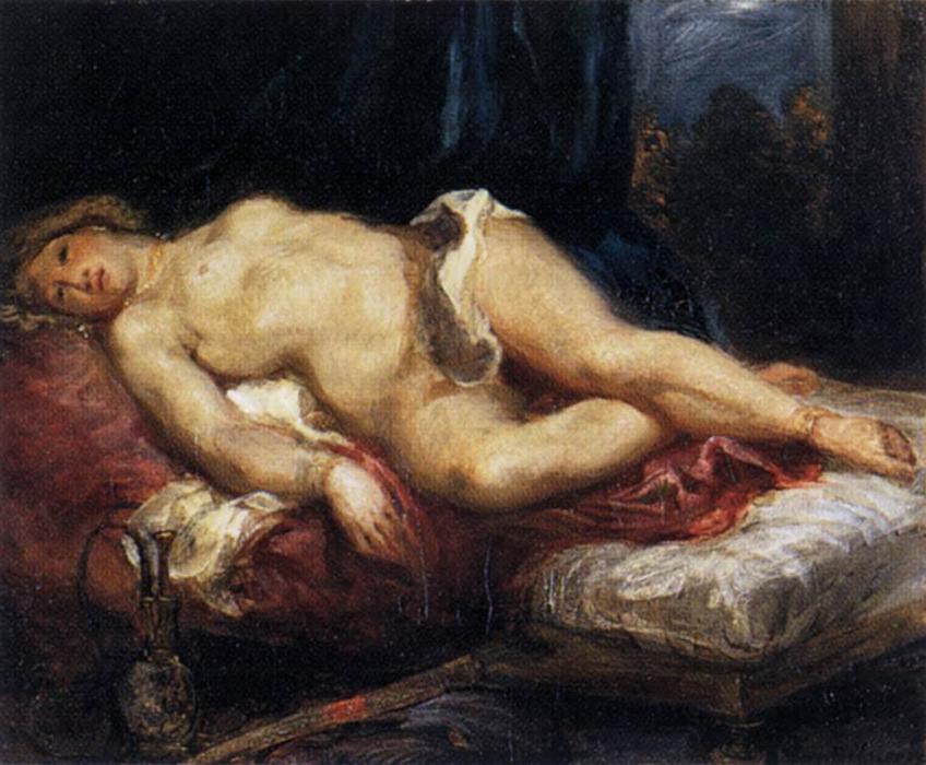 WikiOO.org - Encyclopedia of Fine Arts - Maľba, Artwork Eugène Delacroix - Odalisque Reclining on a Divan
