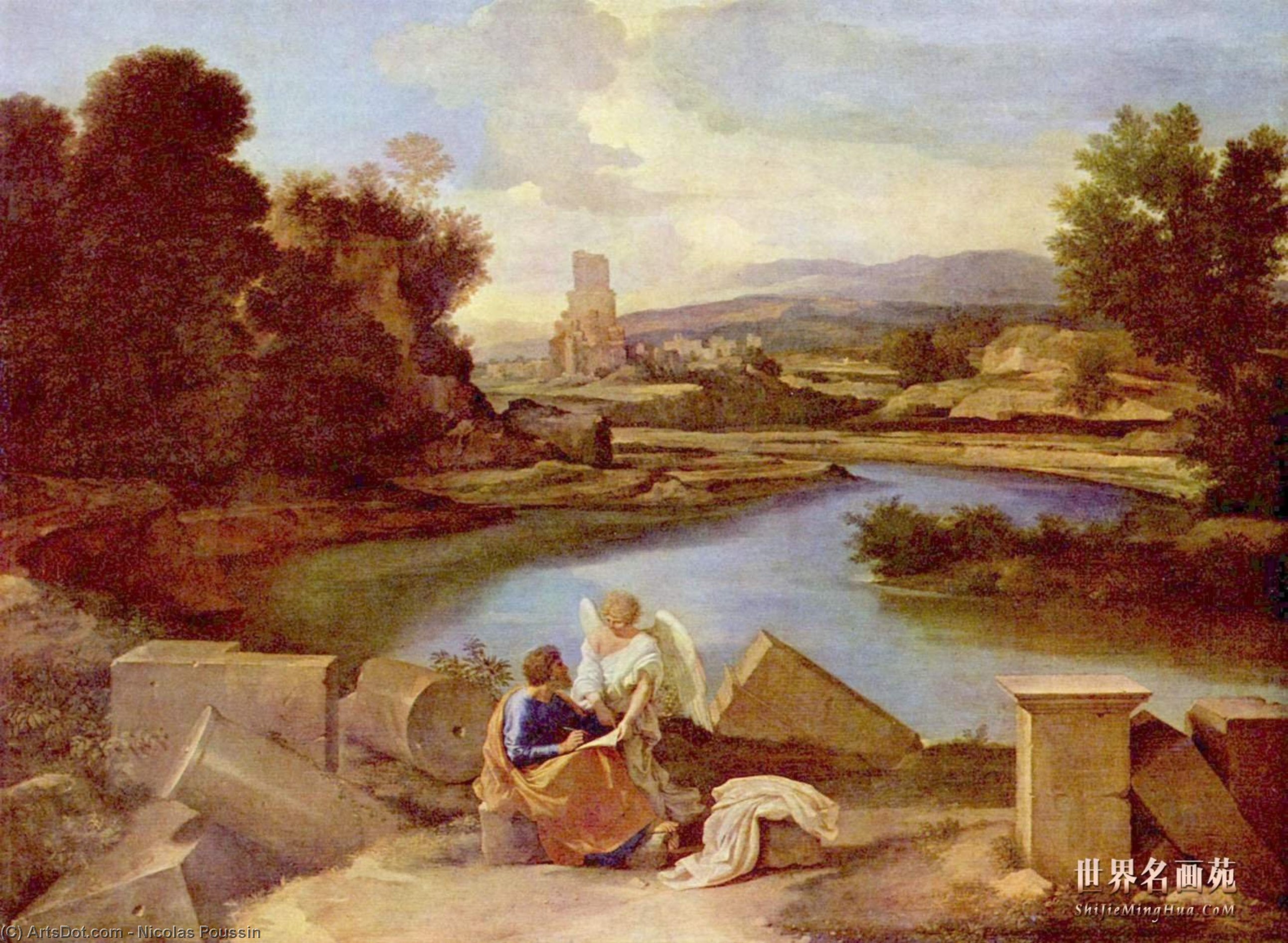 Wikioo.org - The Encyclopedia of Fine Arts - Painting, Artwork by Nicolas Poussin - Landscape with St Matthew and the Angel