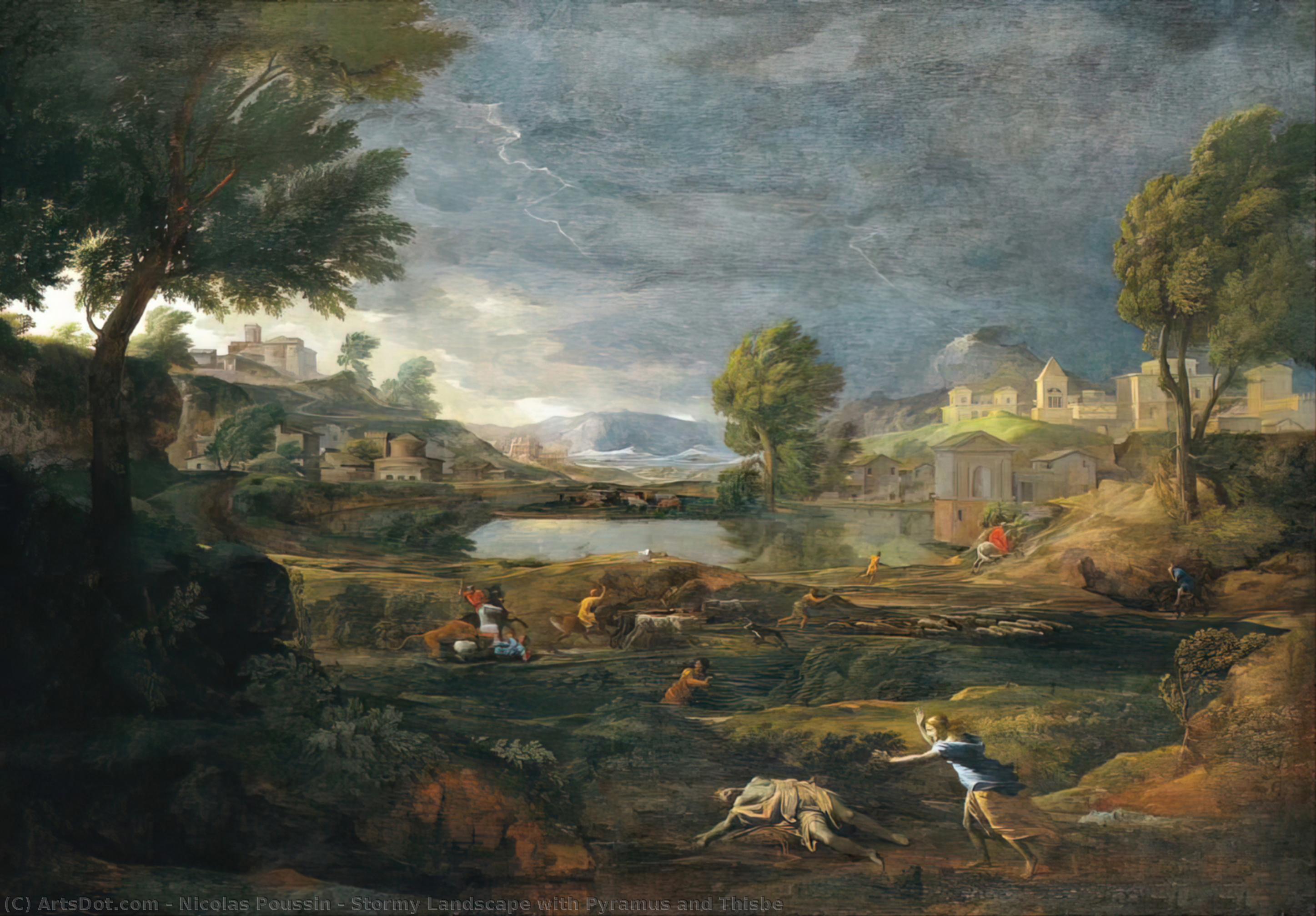 Wikioo.org - Bách khoa toàn thư về mỹ thuật - Vẽ tranh, Tác phẩm nghệ thuật Nicolas Poussin - Stormy Landscape with Pyramus and Thisbe