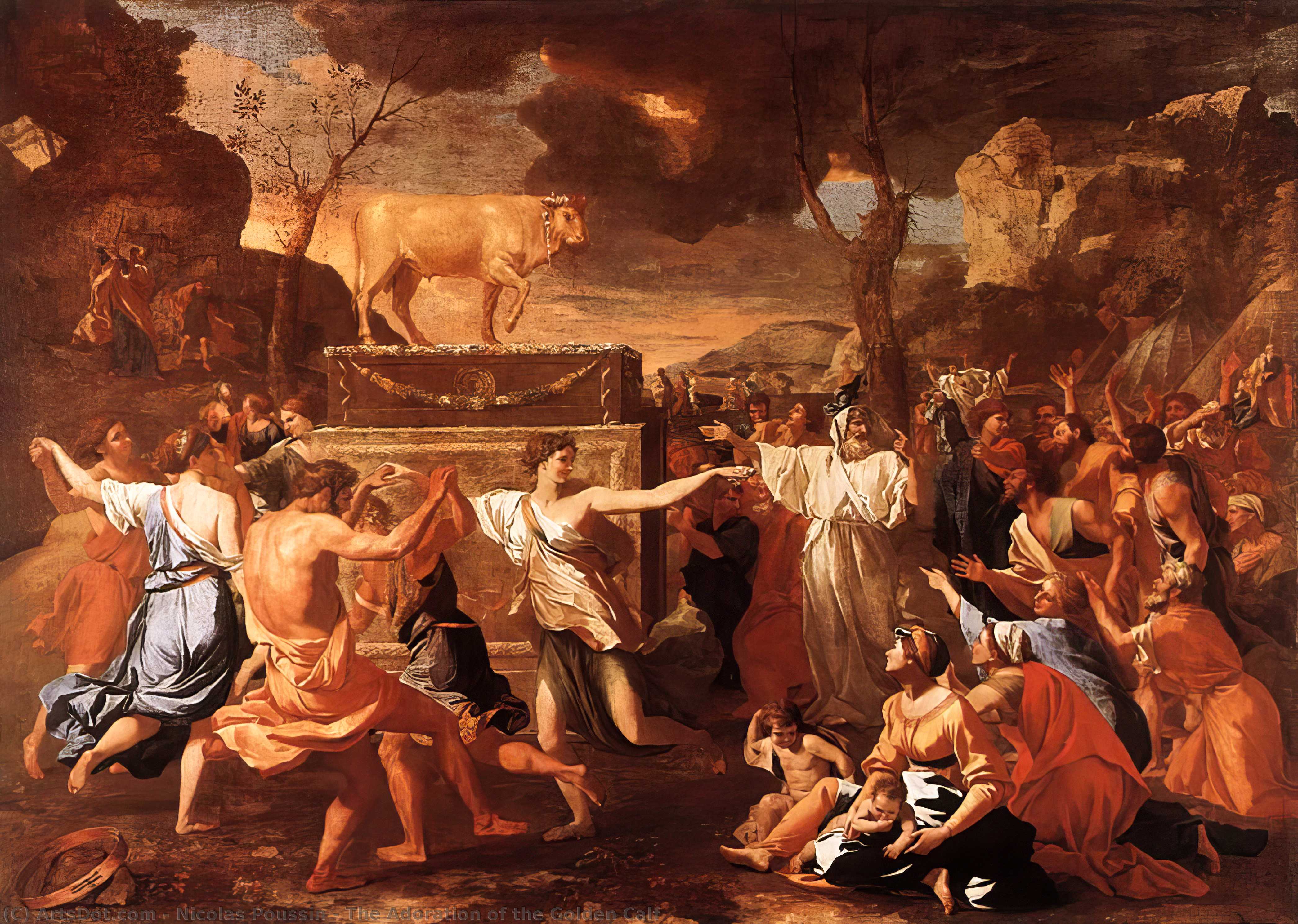 Wikioo.org – La Enciclopedia de las Bellas Artes - Pintura, Obras de arte de Nicolas Poussin - la adoración del becerro de oro
