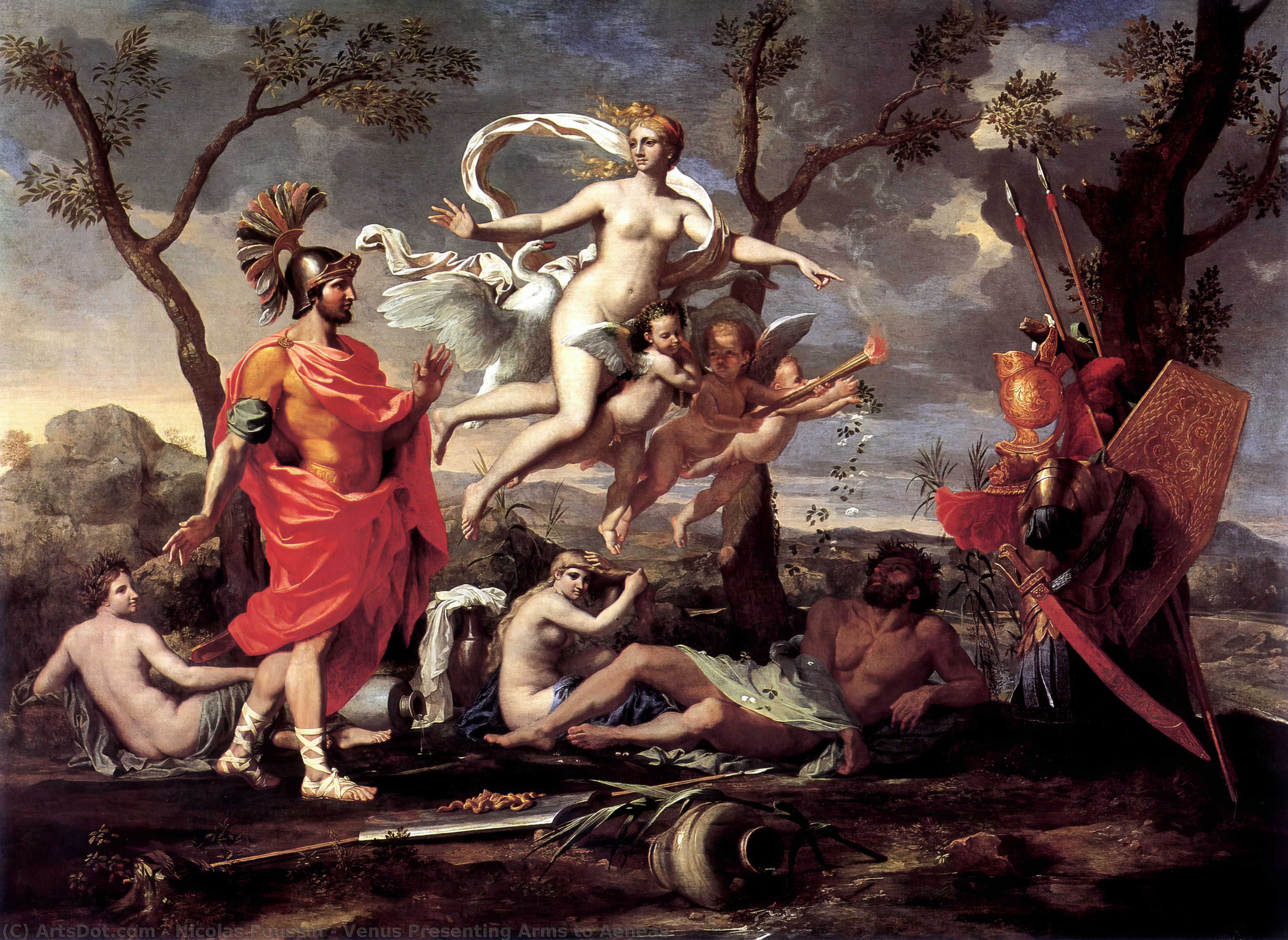 Wikoo.org - موسوعة الفنون الجميلة - اللوحة، العمل الفني Nicolas Poussin - Venus Presenting Arms to Aeneas