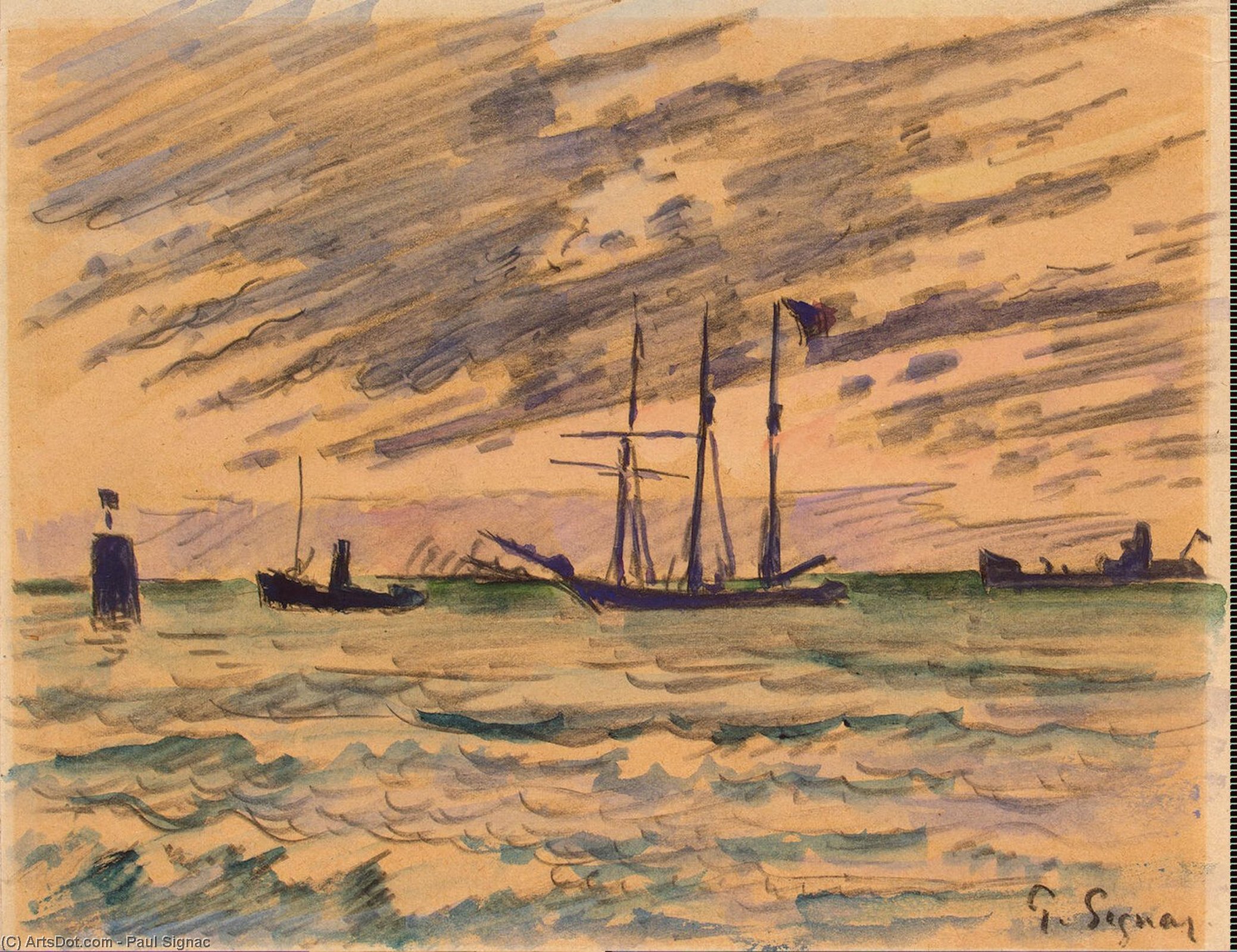 WikiOO.org - Енциклопедия за изящни изкуства - Живопис, Произведения на изкуството Paul Signac - Harbor with Sailboat, Tugboat, and Barge , Circa 1920