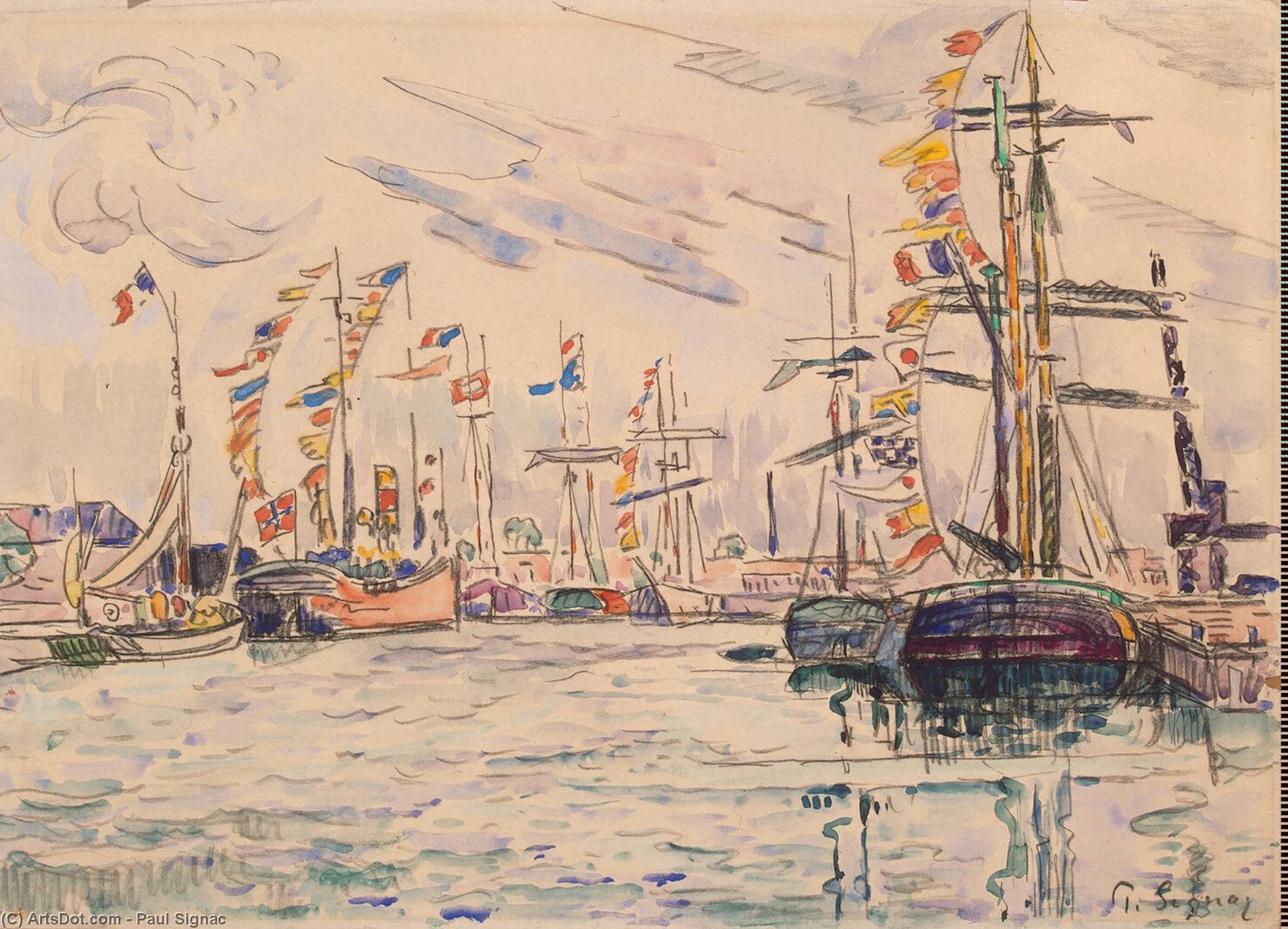 Wikoo.org - موسوعة الفنون الجميلة - اللوحة، العمل الفني Paul Signac - Sailboats with Holiday Flags at a Pier in Saint-Malo