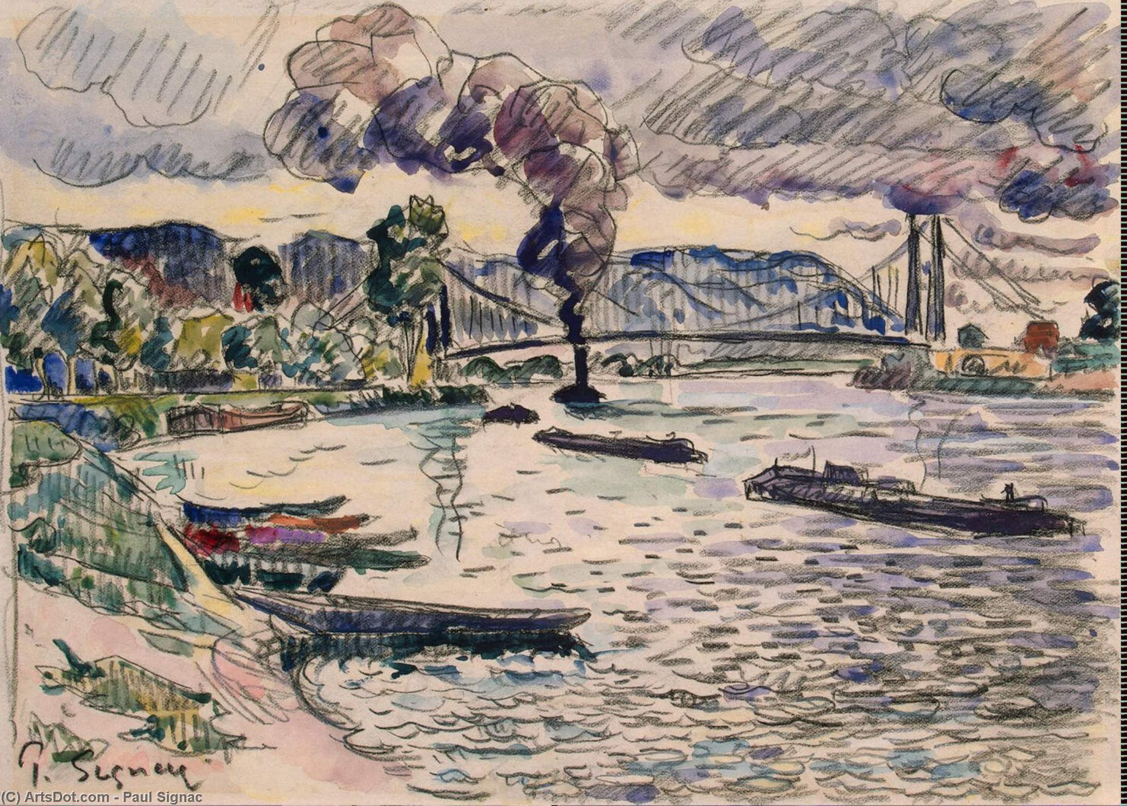 Wikioo.org - Encyklopedia Sztuk Pięknych - Malarstwo, Grafika Paul Signac - Suspension Bridge in Les Andelys