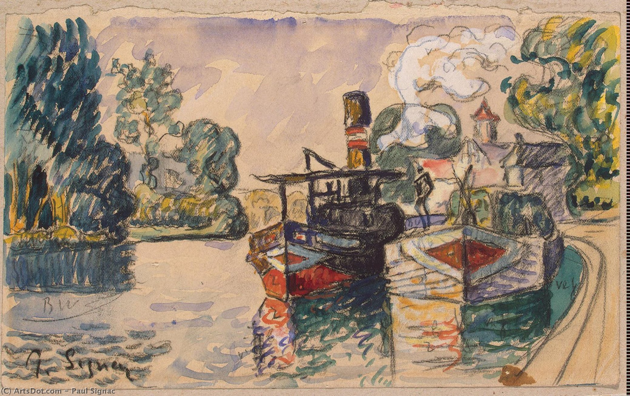 Wikioo.org – L'Encyclopédie des Beaux Arts - Peinture, Oeuvre de Paul Signac - Tugboat et Barge à Samois
