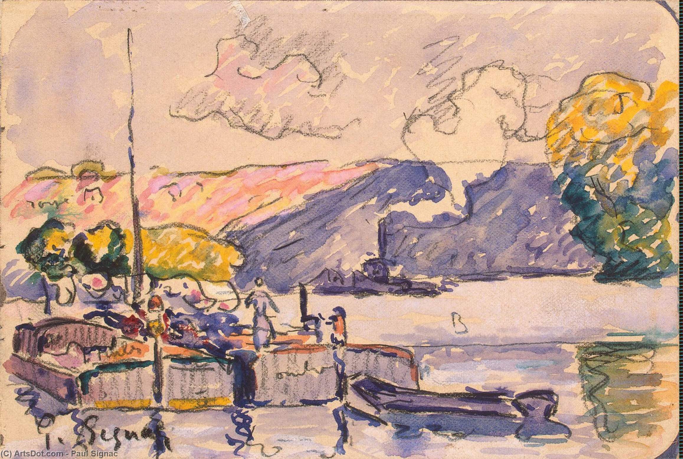 Wikioo.org - The Encyclopedia of Fine Arts - Painting, Artwork by Paul Signac - Two Barges, Boat, and Tugboat in Samois