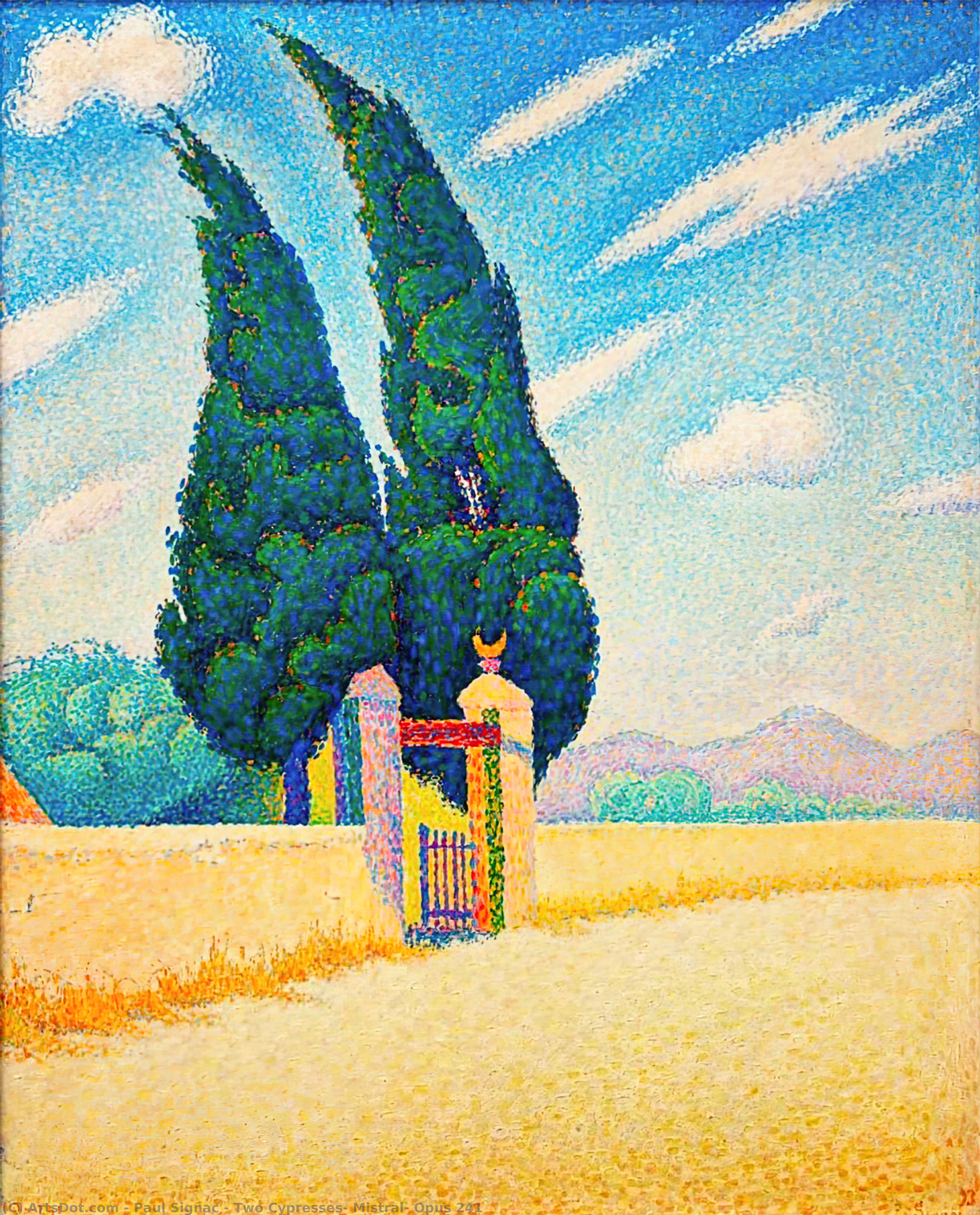 Wikoo.org - موسوعة الفنون الجميلة - اللوحة، العمل الفني Paul Signac - Two Cypresses, Mistral, Opus 241