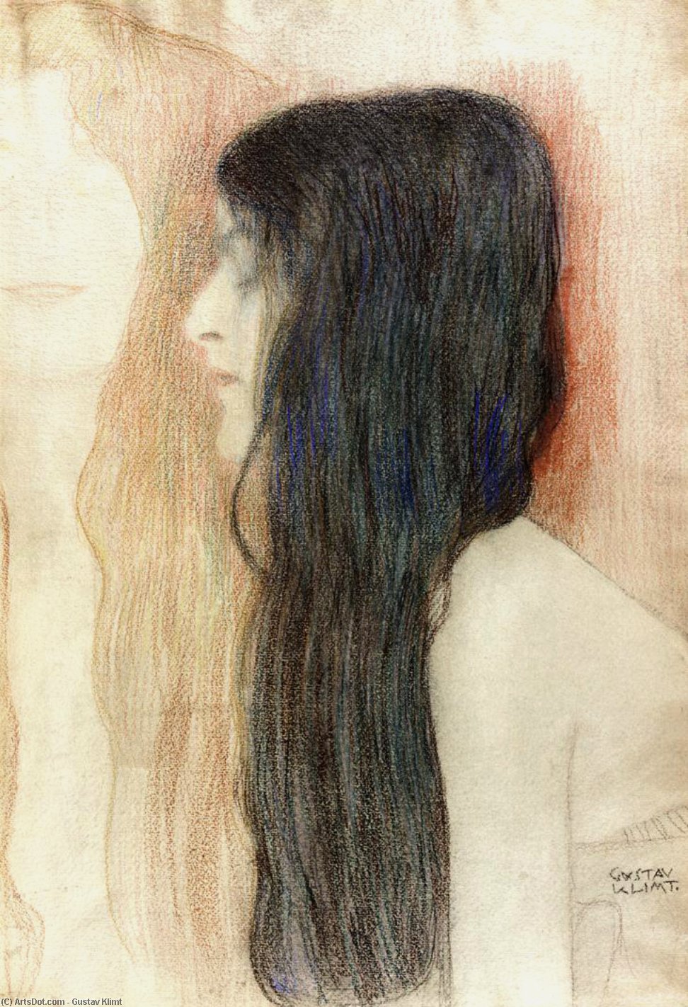 WikiOO.org - Енциклопедия за изящни изкуства - Живопис, Произведения на изкуството Gustav Klimt - Girl with Long Hair, with a sketch for 'Nude Veritas'