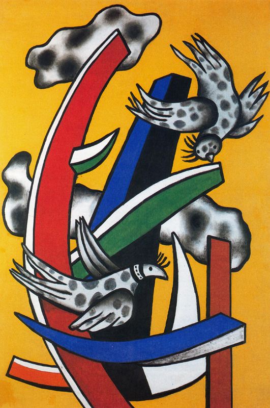 Wikioo.org – La Enciclopedia de las Bellas Artes - Pintura, Obras de arte de Fernand Leger - Composición con dos pájaros sobre un fondo amarillo