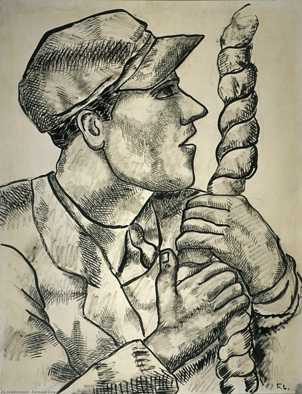 Wikioo.org – La Enciclopedia de las Bellas Artes - Pintura, Obras de arte de Fernand Leger - hombre en perfil con la cuerda , estudio para los constructores