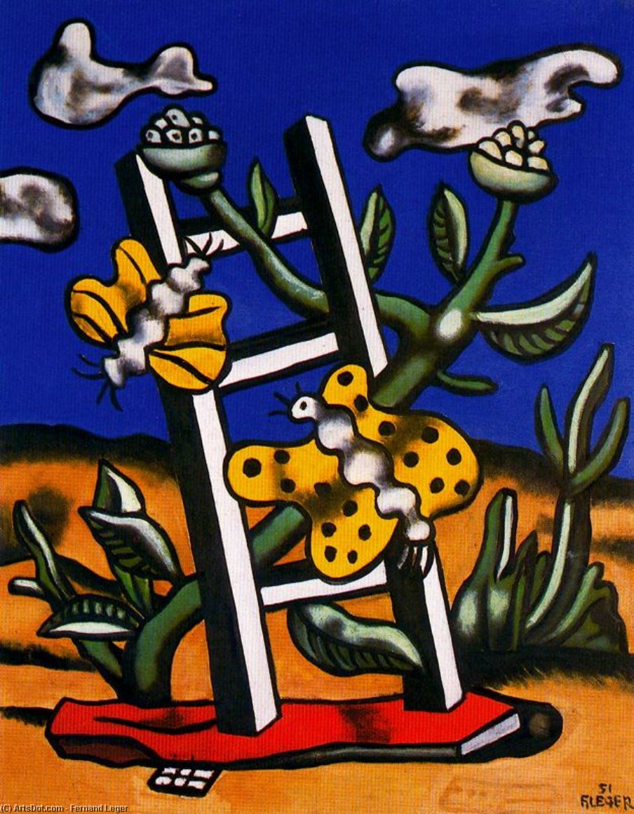 Wikioo.org – La Enciclopedia de las Bellas Artes - Pintura, Obras de arte de Fernand Leger - dos amarillas  mariposas  en  Un  escala