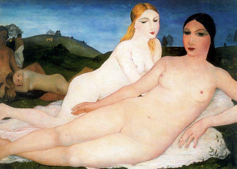 Wikioo.org – La Enciclopedia de las Bellas Artes - Pintura, Obras de arte de Paul Delvaux - desnudo niñas en el campos con amigos