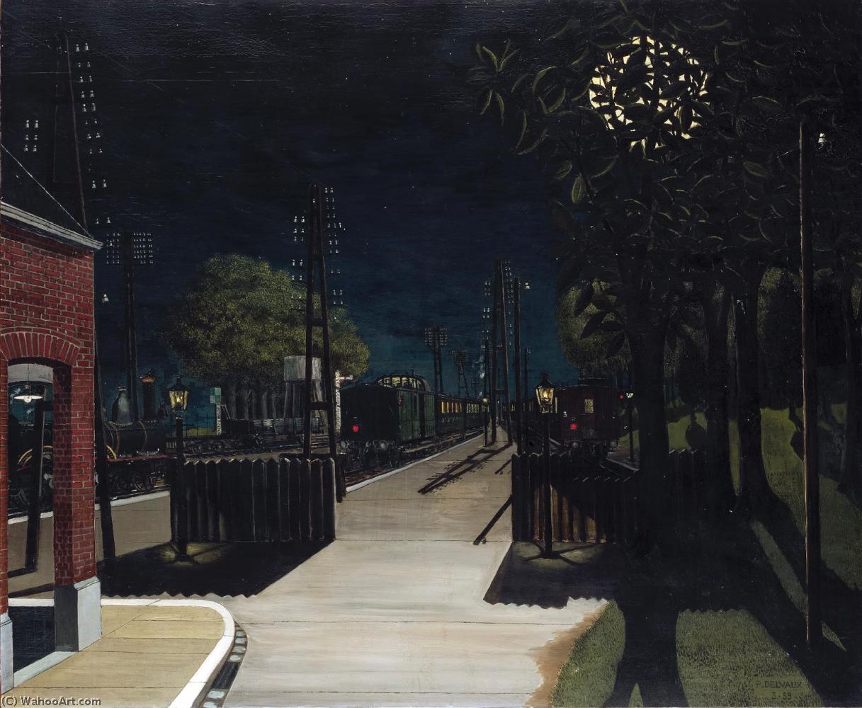 Wikioo.org - The Encyclopedia of Fine Arts - Painting, Artwork by Paul Delvaux - Small Train Station at Night