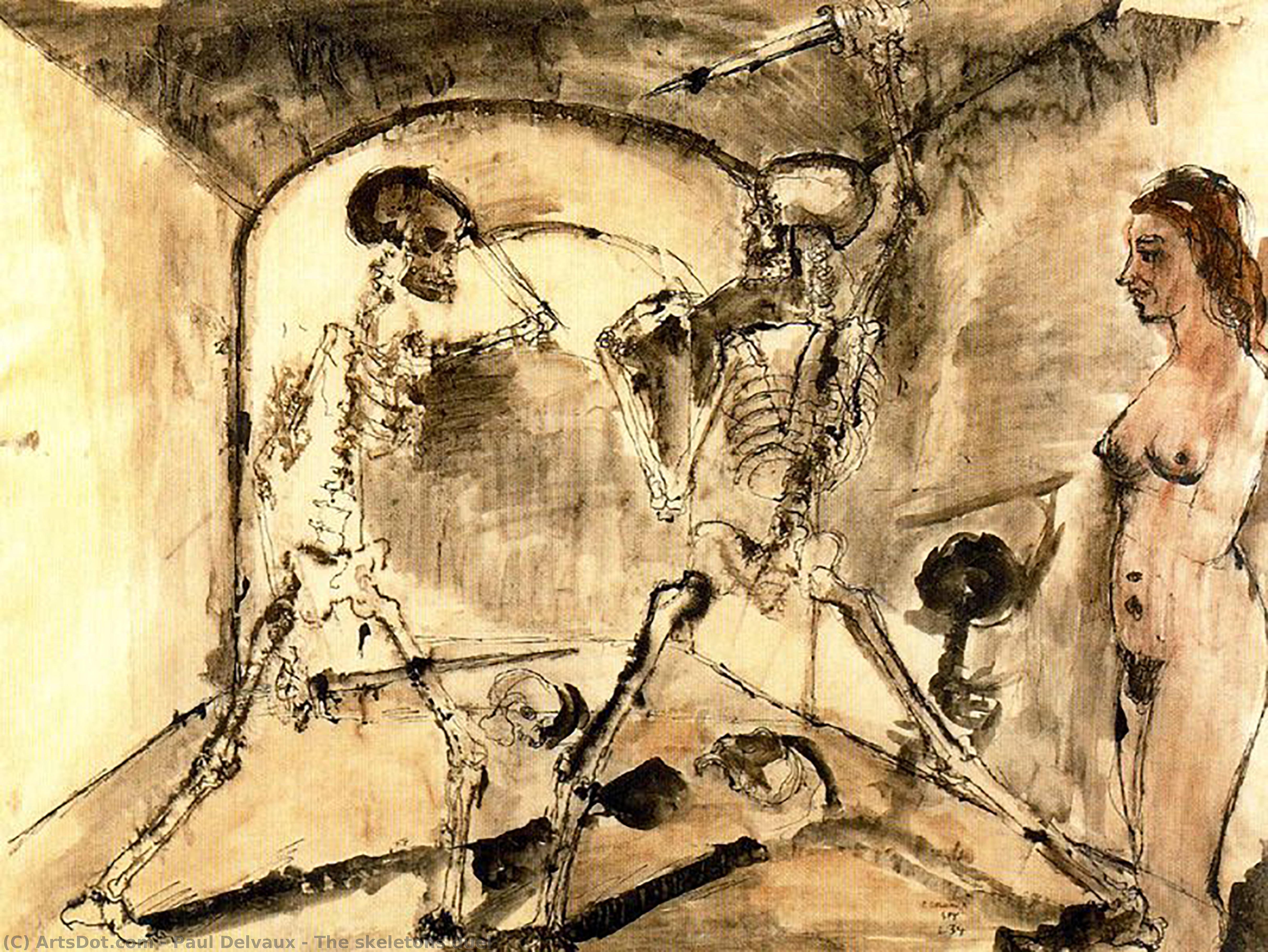 Wikioo.org – La Enciclopedia de las Bellas Artes - Pintura, Obras de arte de Paul Delvaux - Los esqueletos duelo