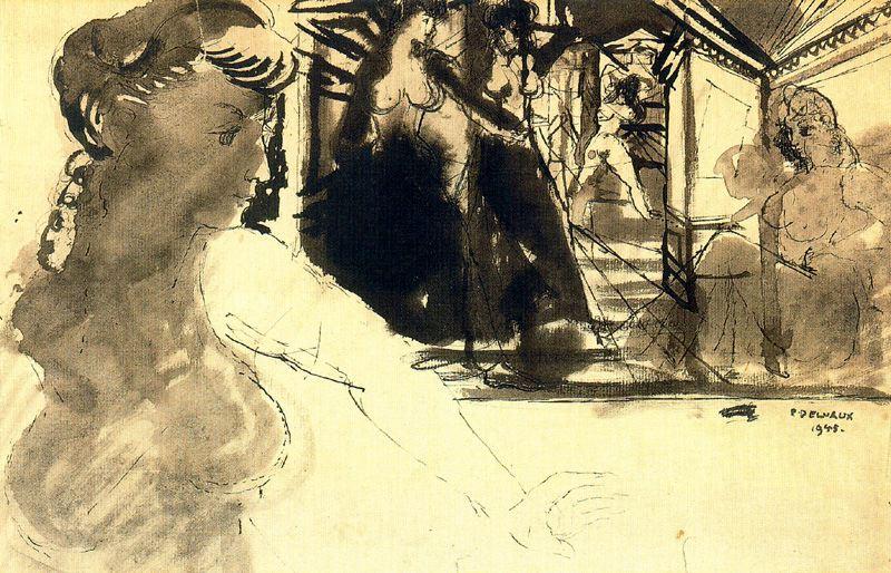 WikiOO.org - Енциклопедия за изящни изкуства - Живопис, Произведения на изкуството Paul Delvaux - Untitled (Woman in a hangar)