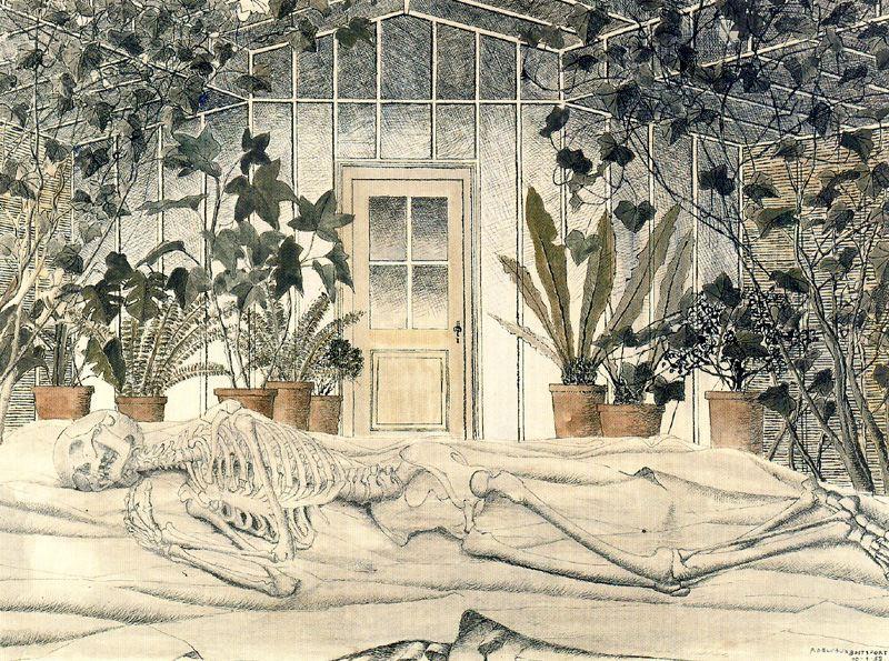 WikiOO.org - Encyclopedia of Fine Arts - Maleri, Artwork Paul Delvaux - Winter. Skeleton in a greenhouse