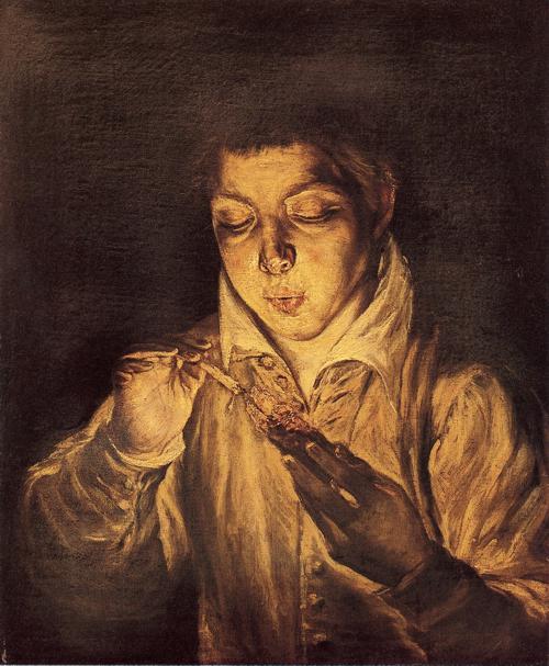 Wikioo.org - Die Enzyklopädie bildender Kunst - Malerei, Kunstwerk von El Greco (Doménikos Theotokopoulos) - junge zündet eine kerze an ( junge bläst auf eine glut )