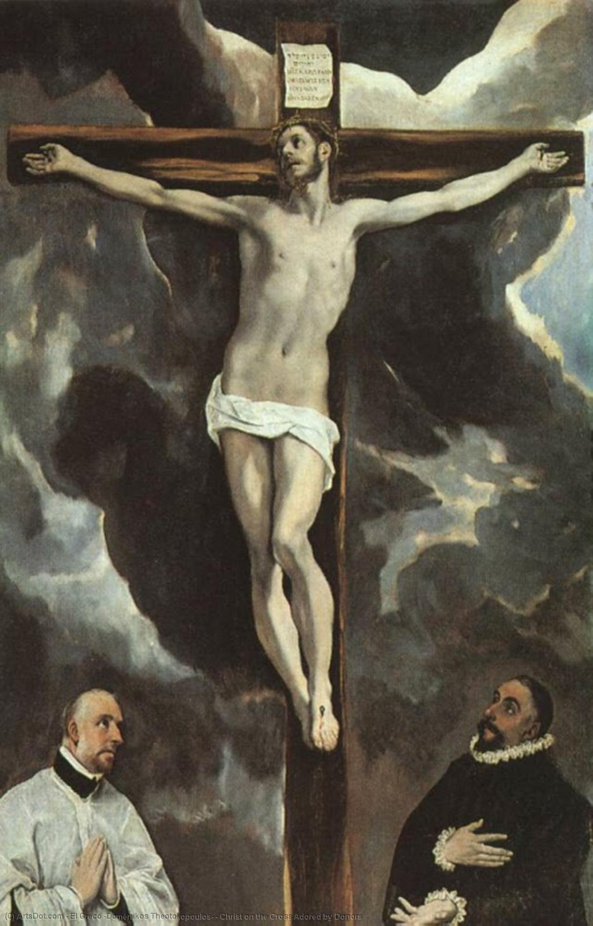 Wikioo.org – L'Encyclopédie des Beaux Arts - Peinture, Oeuvre de El Greco (Doménikos Theotokopoulos) - le christ en croix adoré par les donateurs