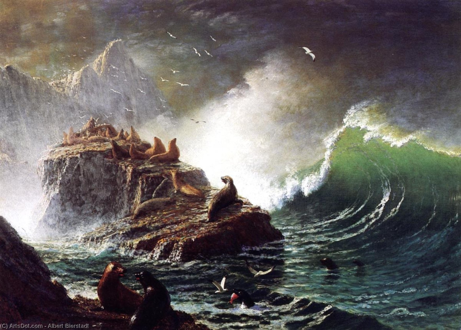 Wikioo.org - The Encyclopedia of Fine Arts - Painting, Artwork by Albert Bierstadt - Seals on the Rocks, Farallon Islands