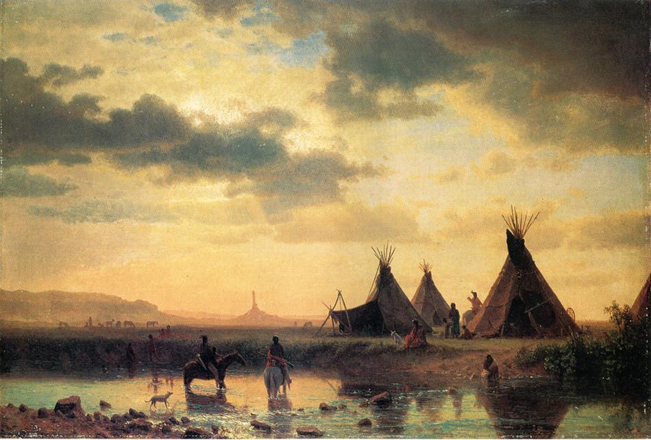Wikioo.org - The Encyclopedia of Fine Arts - Painting, Artwork by Albert Bierstadt - View of Chimney Rock Ogalillalh Sioux Village in Foreground