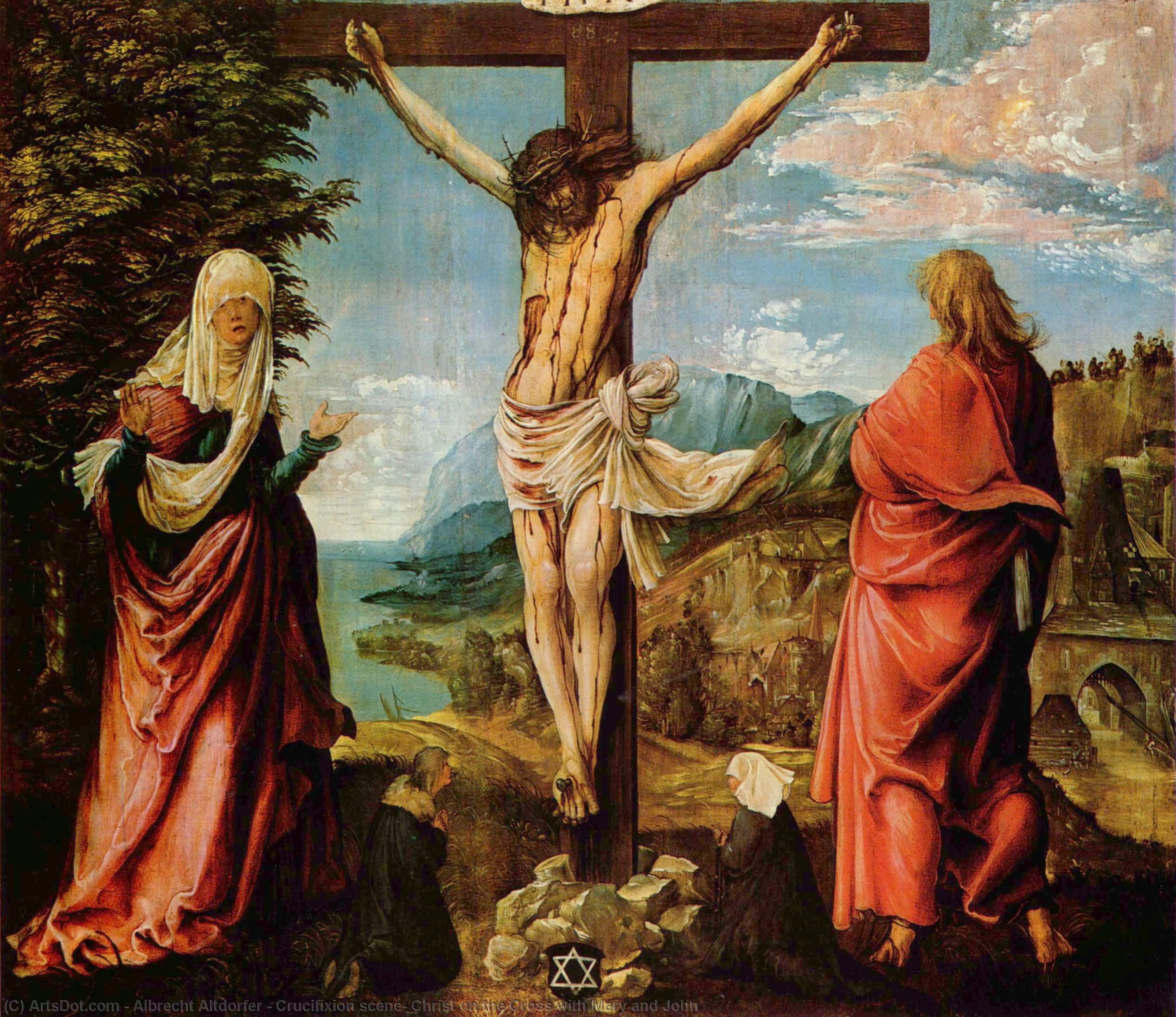 WikiOO.org - Encyclopedia of Fine Arts - Festés, Grafika Albrecht Altdorfer - Crucifixion scene, Christ on the Cross with Mary and John