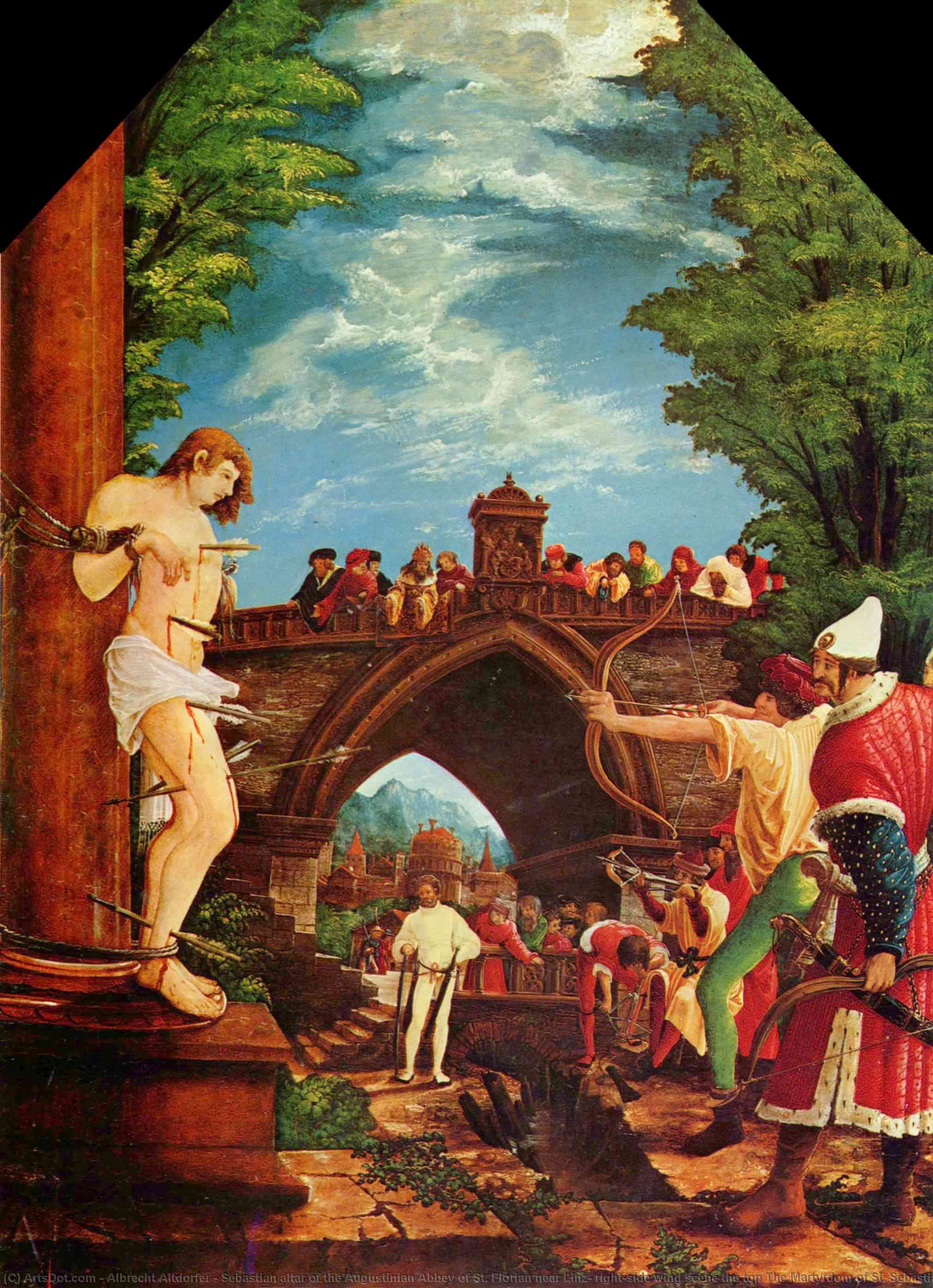 Wikioo.org - The Encyclopedia of Fine Arts - Painting, Artwork by Albrecht Altdorfer - Sebastian altar of the Augustinian Abbey of St. Florian near Linz, right-side wing scene the top The Martyrdom of St. Sebastian
