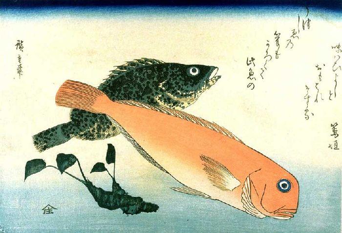 Wikoo.org - موسوعة الفنون الجميلة - اللوحة، العمل الفني Ando Hiroshige - Amadai, Mebaru and Wasabi Root
