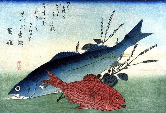 WikiOO.org - Enciclopédia das Belas Artes - Pintura, Arte por Ando Hiroshige - Gold-eyed Bream and Shiso
