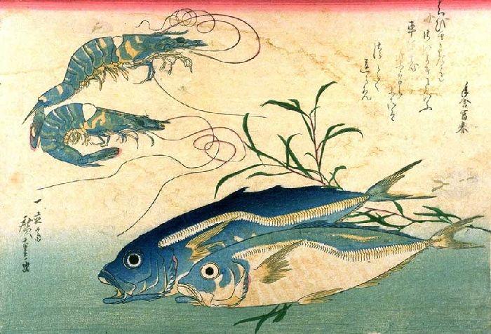 Wikoo.org - موسوعة الفنون الجميلة - اللوحة، العمل الفني Ando Hiroshige - Horse-mackerel and Prawn