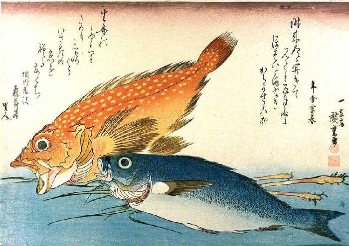 Wikioo.org – La Enciclopedia de las Bellas Artes - Pintura, Obras de arte de Ando Hiroshige - KASAGO y Isaki con raíces de jengibre